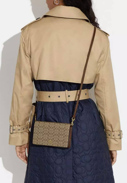 ORIG & IMPORTED COACH Anna Foldover Clutch Crossbody Small Bag &amp; Card Wallet Set Khaki Brown