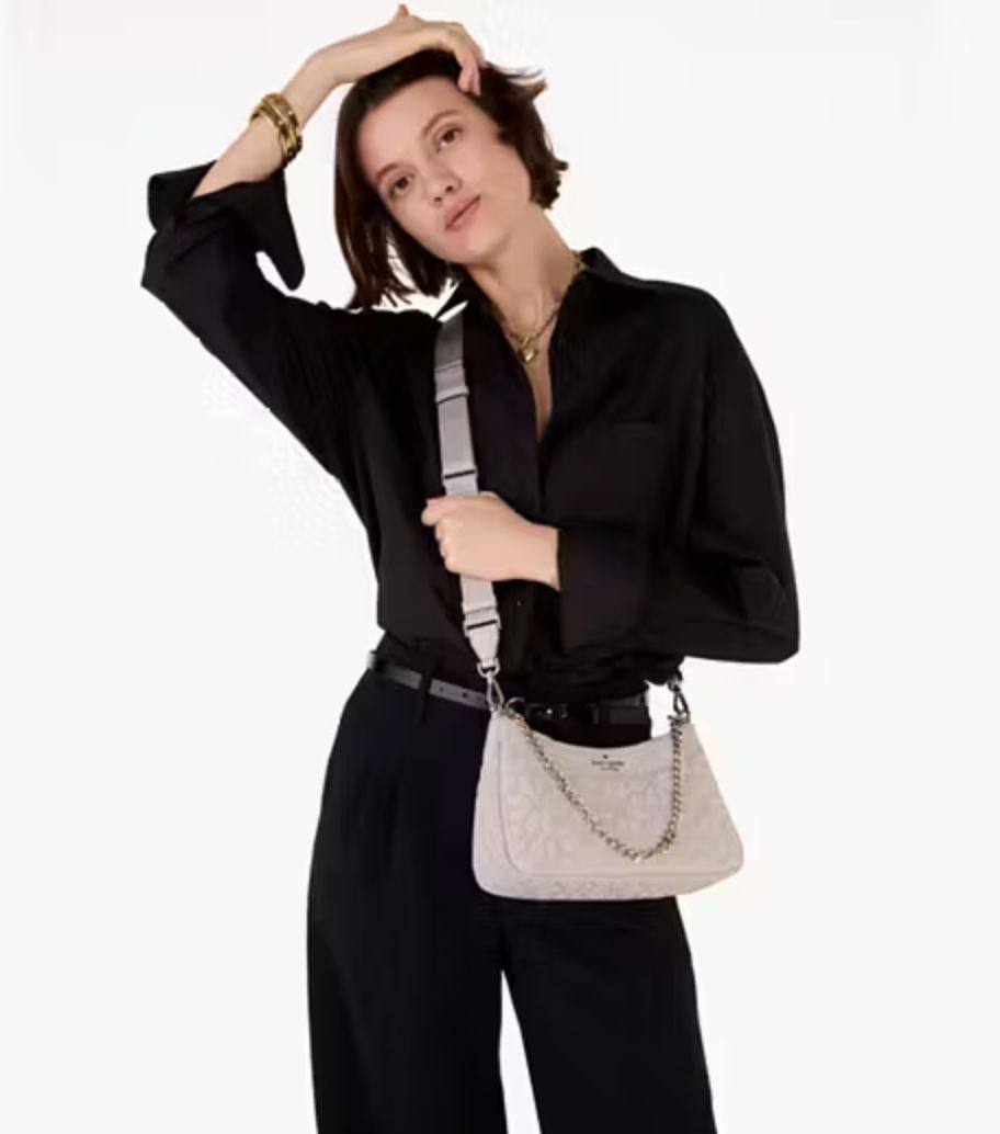 ORIG & IMPORTED Kate Spade KS Spade Flower Quilted Fabric Convertible Crossbody Bag Black / Pink