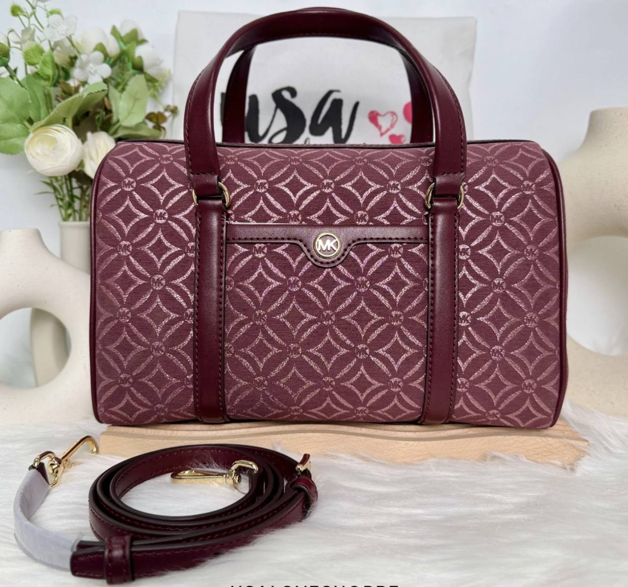 ORIG & IMPORTED MICHAEL KORS  MK Medium Duffle Satchel Bag Glitter Oxblood Maroon