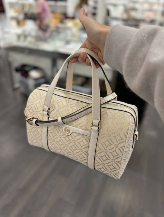 ORIG & IMPORTED MICHAEL KORS MK Medium Duffle Satchel Bag Glitter Vanilla White