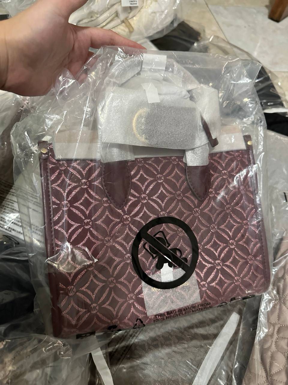 ORIG & IMPORTED MICHAEL KORS MK Small Mirella Satchel Bag Graphic Logo Glitter Maroon Oxblood