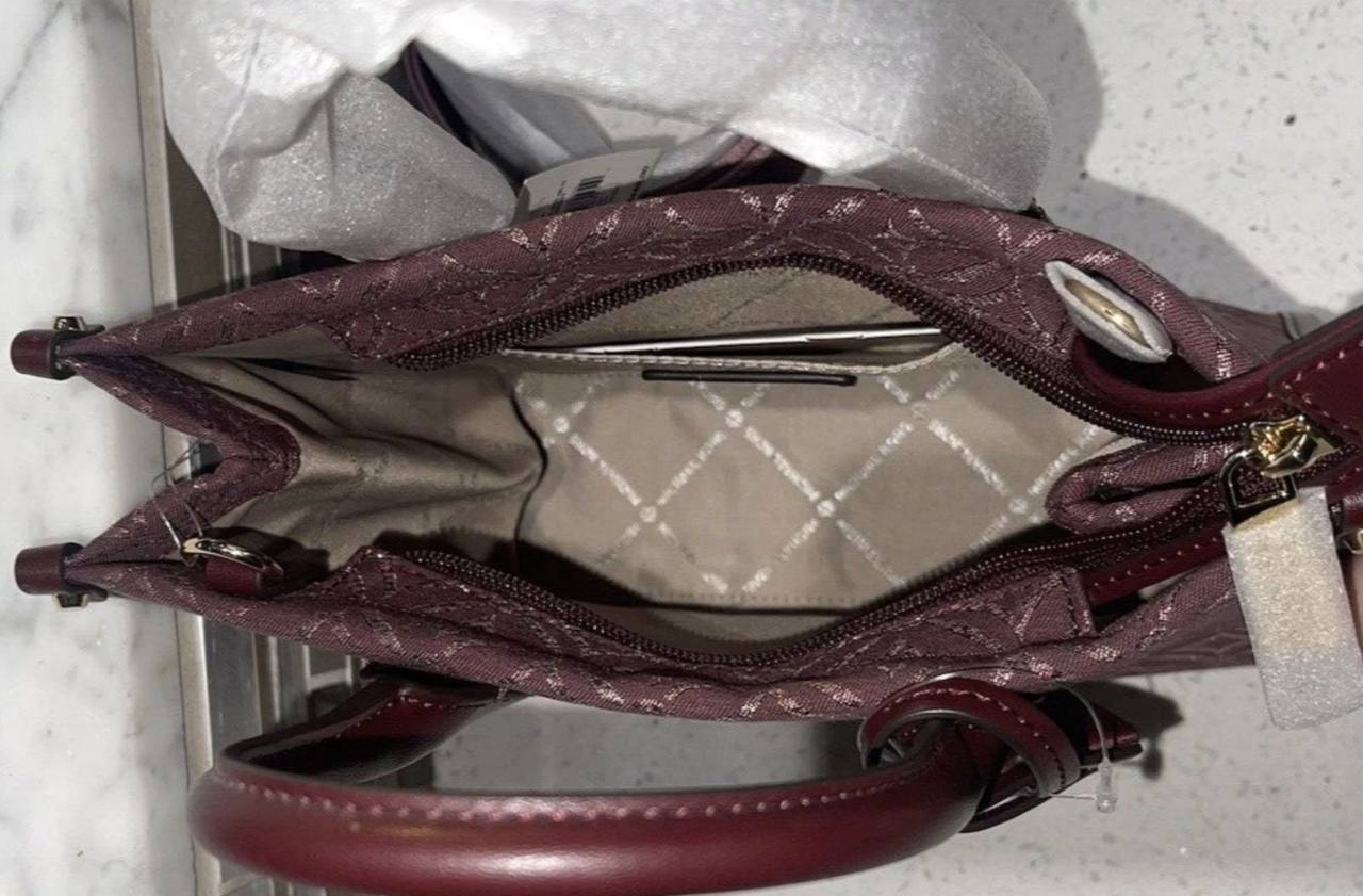 ORIG & IMPORTED MICHAEL KORS MK Small Mirella Satchel Bag Graphic Logo Glitter Maroon Oxblood