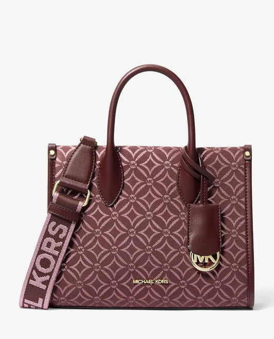 ORIG & IMPORTED MICHAEL KORS MK Small Mirella Satchel Bag Graphic Logo Glitter Maroon Oxblood