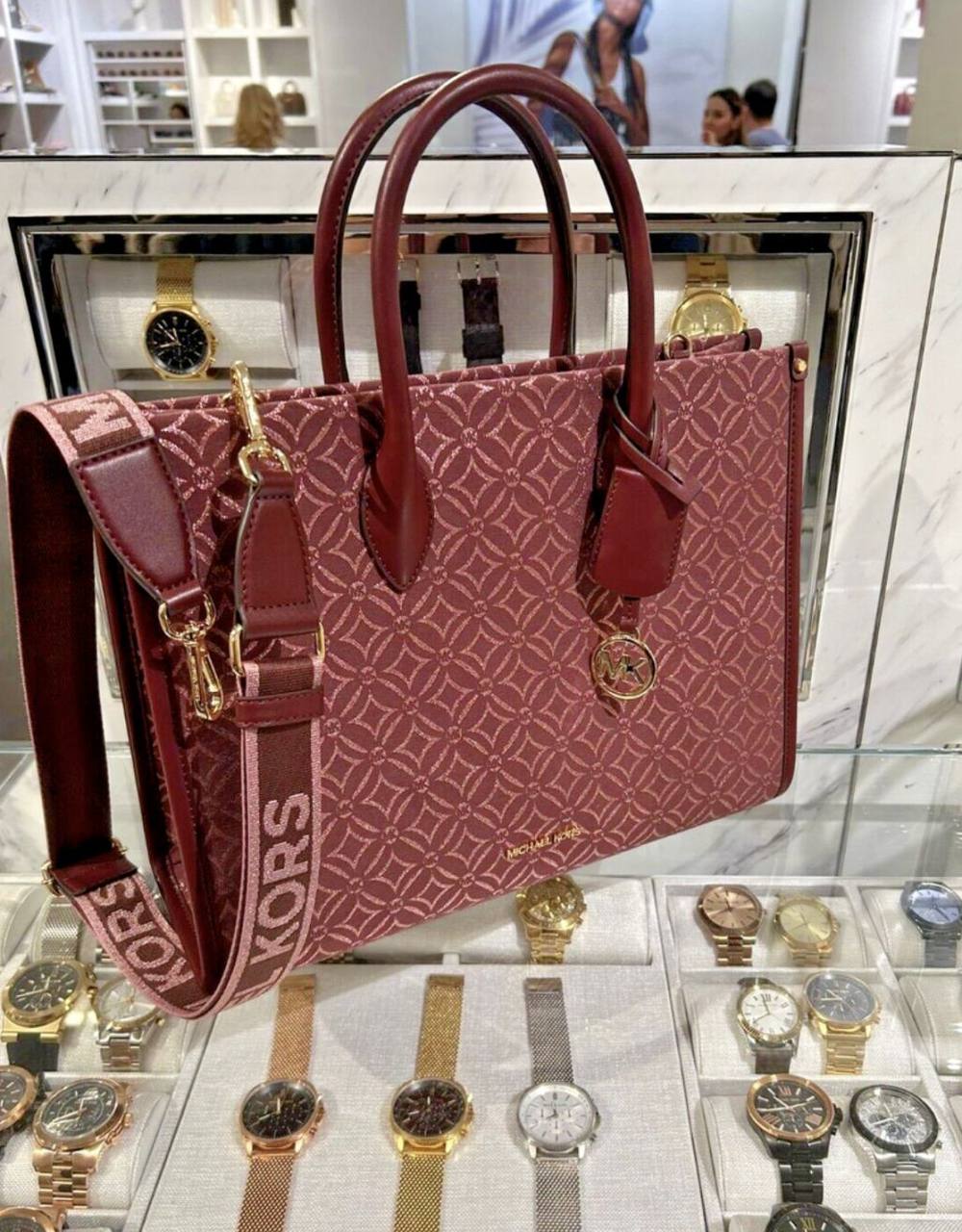 ORIG & IMPORTED MICHAEL KORS MK Small Mirella Satchel Bag Graphic Logo Glitter Maroon Oxblood