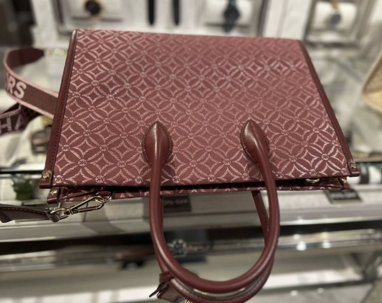 ORIG & IMPORTED MICHAEL KORS MK Small Mirella Satchel Bag Graphic Logo Glitter Maroon Oxblood