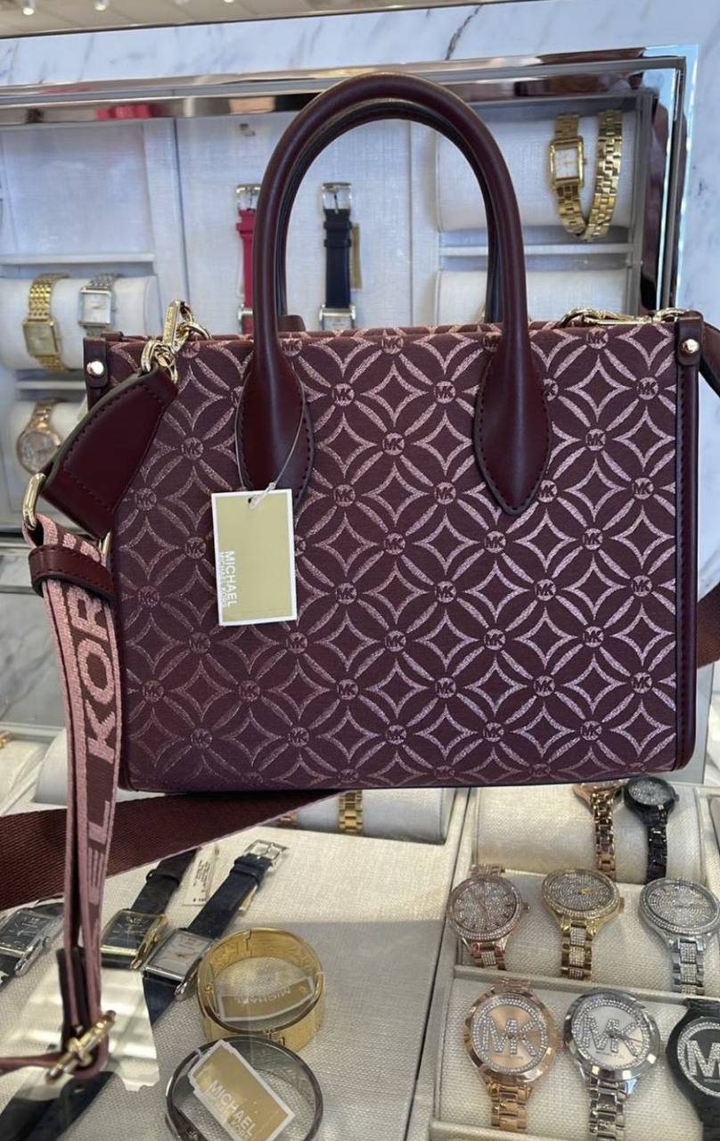 ORIG & IMPORTED MICHAEL KORS MK Small Mirella Satchel Bag Graphic Logo Glitter Maroon Oxblood