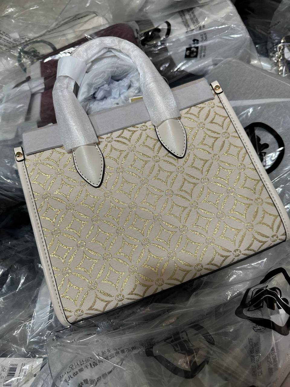 ORIG & IMPORTED MICHAEL KORS MK Small Mirella Satchel Bag Graphic Logo Glitter Ivory White