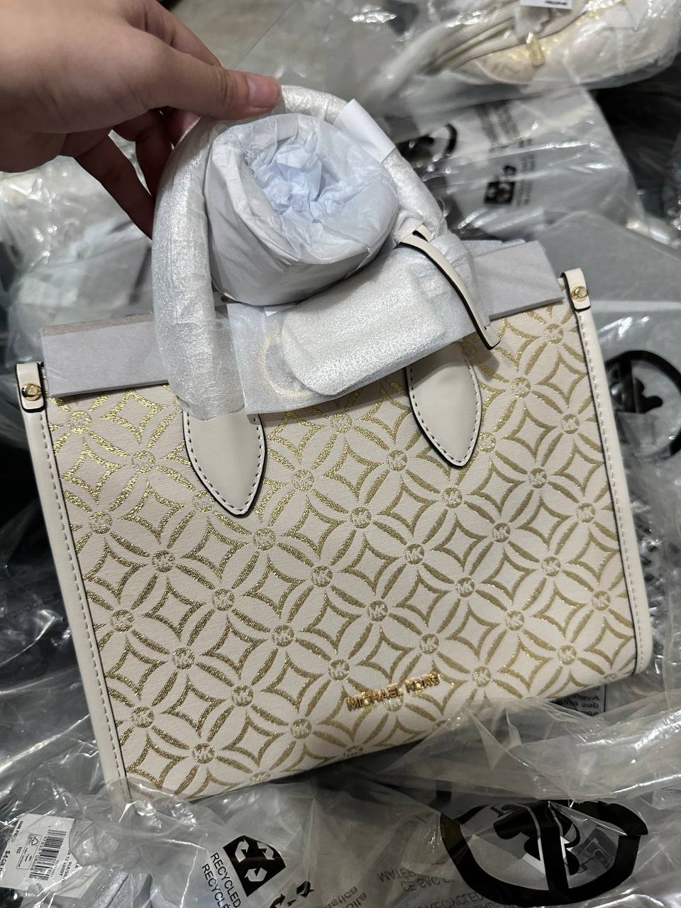 ORIG & IMPORTED MICHAEL KORS MK Small Mirella Satchel Bag Graphic Logo Glitter Ivory White