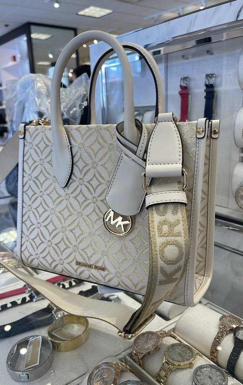 ORIG & IMPORTED MICHAEL KORS MK Small Mirella Satchel Bag Graphic Logo Glitter Ivory White
