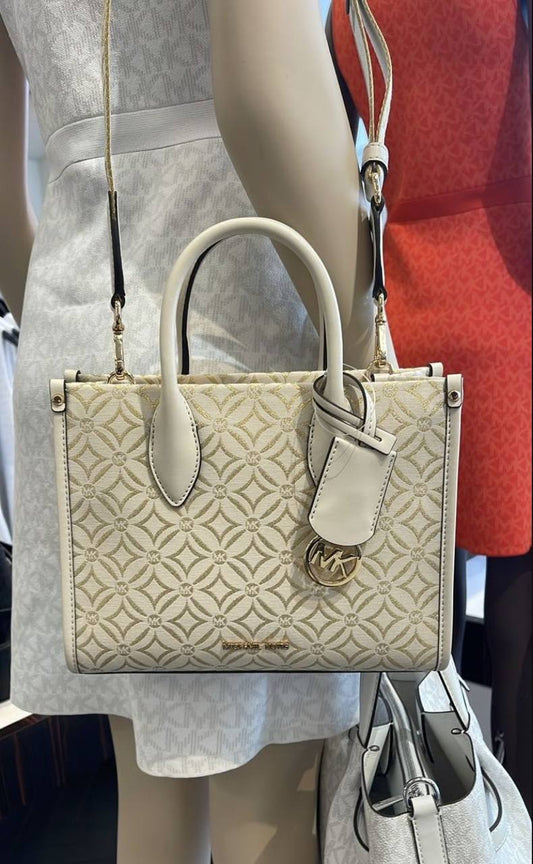 ORIG & IMPORTED MICHAEL KORS MK Small Mirella Satchel Bag Graphic Logo Glitter Ivory White