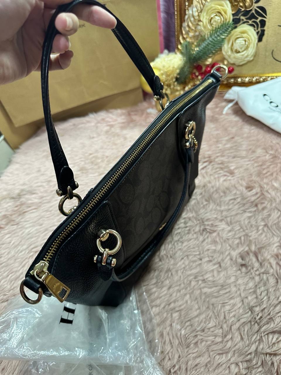 ORIG Preloved COACH Kacey Satchel Medium bag Signature Brown Black