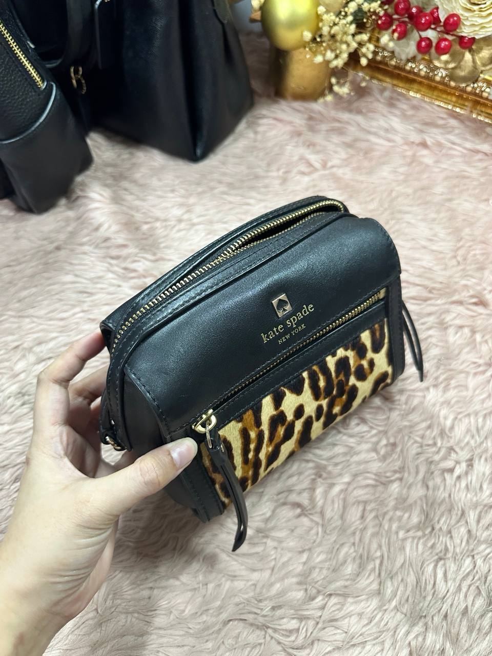 ORIG Preloved Kate Spade KS Mini Duffle Leopard Small Black Bag