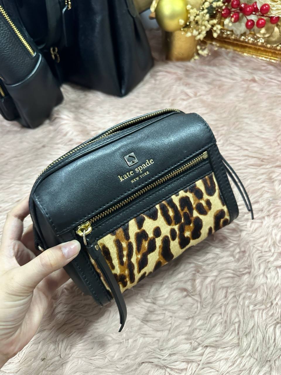 ORIG Preloved Kate Spade KS Mini Duffle Leopard Small Black Bag