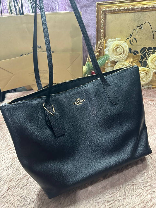 ORIG Preloved Coach Crossgrain Leather Zip Top Tote Shoulder Bag Black