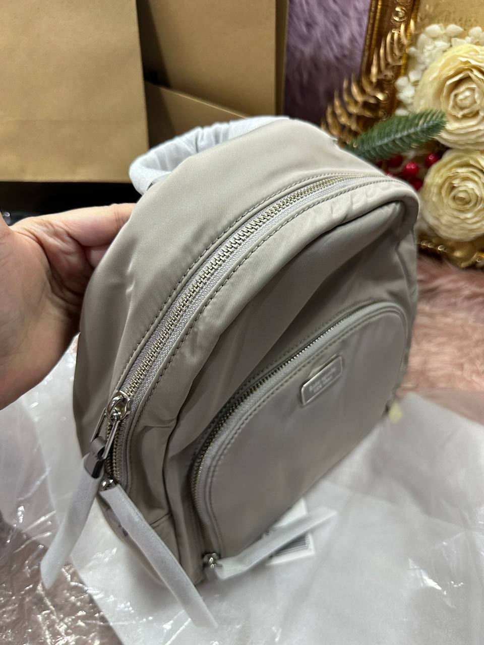 ORIG & IMPORTED Kate Spade KS Dawn Medium Nylon Backpack Soft Taupe Grey Bag