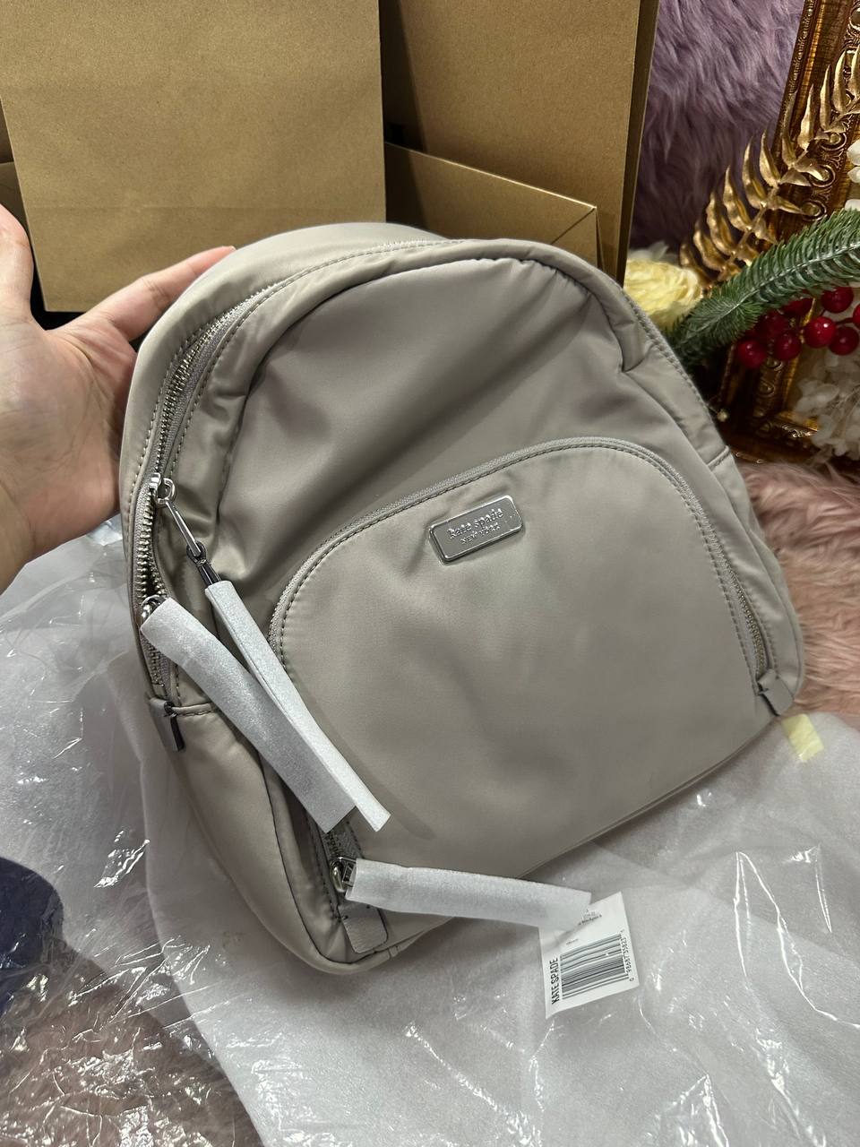 ORIG & IMPORTED Kate Spade KS Dawn Medium Nylon Backpack Soft Taupe Grey Bag