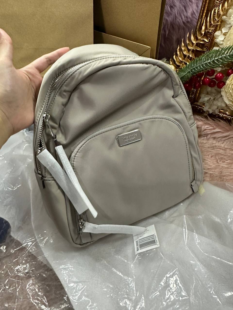 ORIG & IMPORTED Kate Spade KS Dawn Medium Nylon Backpack Soft Taupe Grey Bag
