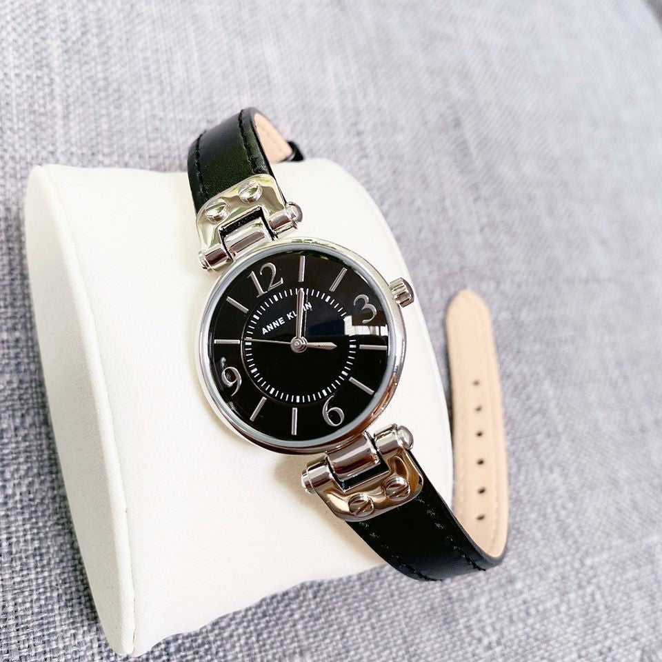 AUTHENTIC AK Klein Women's Silver-Tone Black Dial and Black Leather Strap 10-9443BKBK