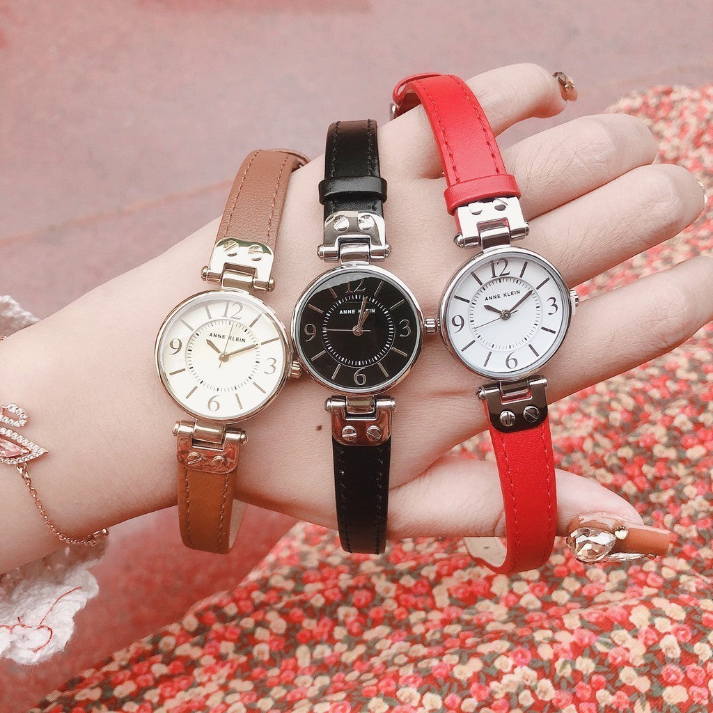 AUTHENTIC AK Klein Women's Silver-Tone Black Dial and Black Leather Strap 10-9443BKBK