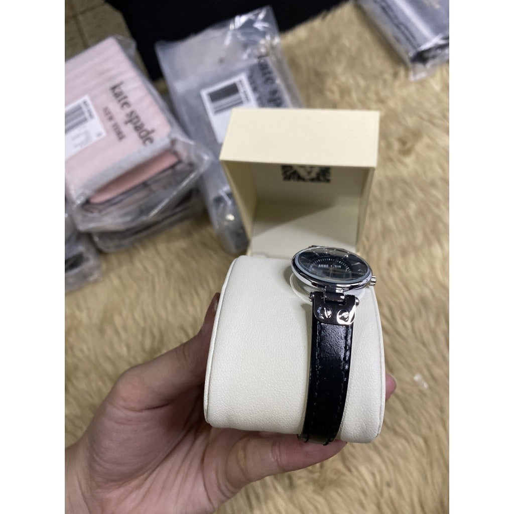 AUTHENTIC AK Klein Women's Silver-Tone Black Dial and Black Leather Strap 10-9443BKBK