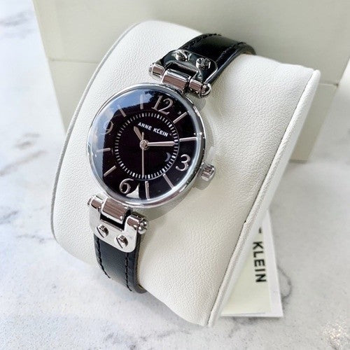 AUTHENTIC AK Klein Women's Silver-Tone Black Dial and Black Leather Strap 10-9443BKBK