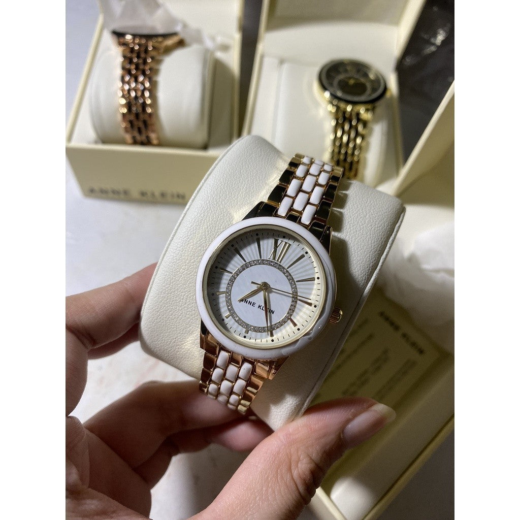 AUTHENTIC AK Klein Women's Glitter Accented Dial Bracelet Watch, AK/3924WTGB - Gold/White