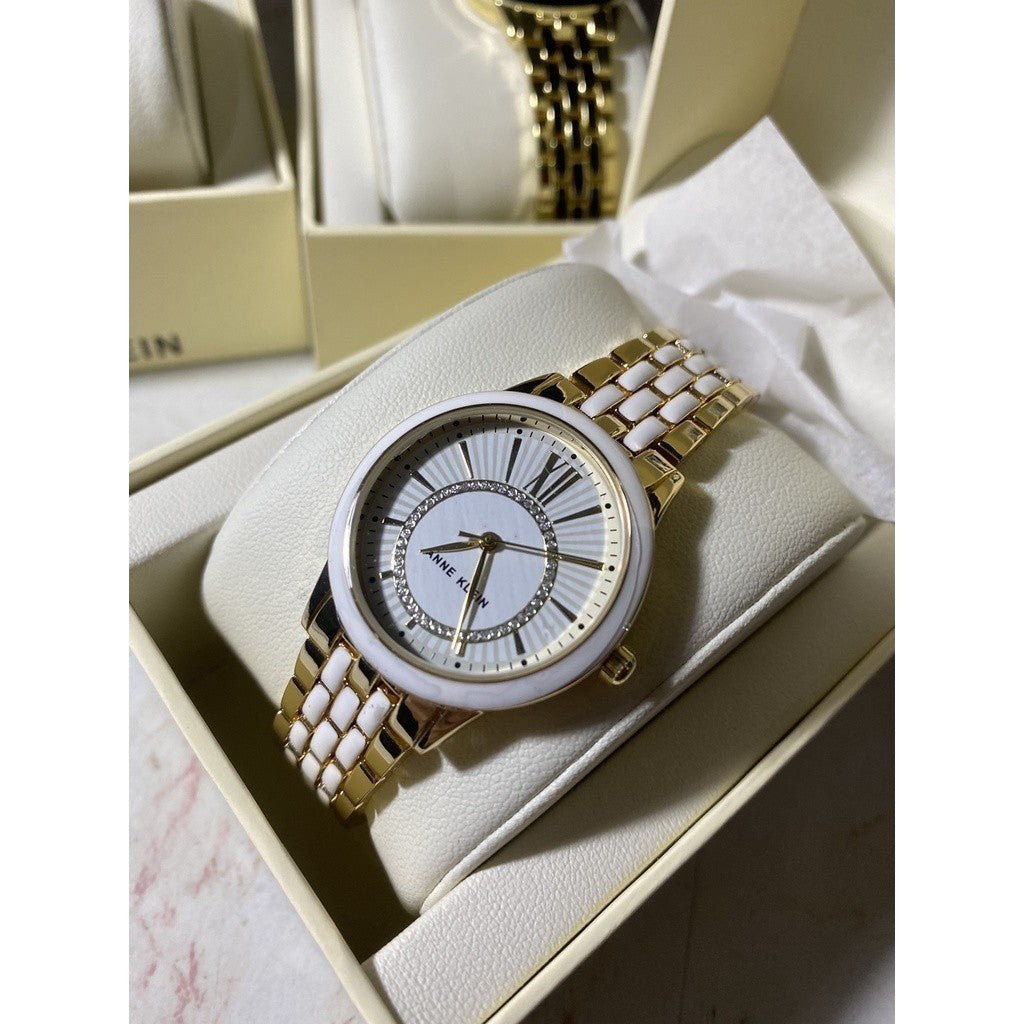 AUTHENTIC AK Klein Women's Glitter Accented Dial Bracelet Watch, AK/3924WTGB - Gold/White