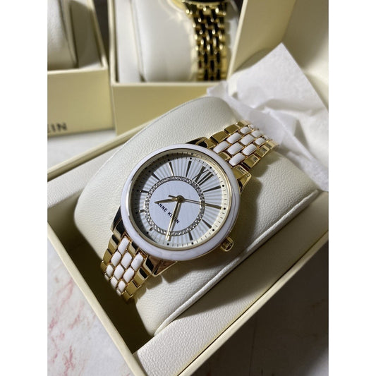 AUTHENTIC AK Klein Women's Glitter Accented Dial Bracelet Watch, AK/3924WTGB - Gold/White