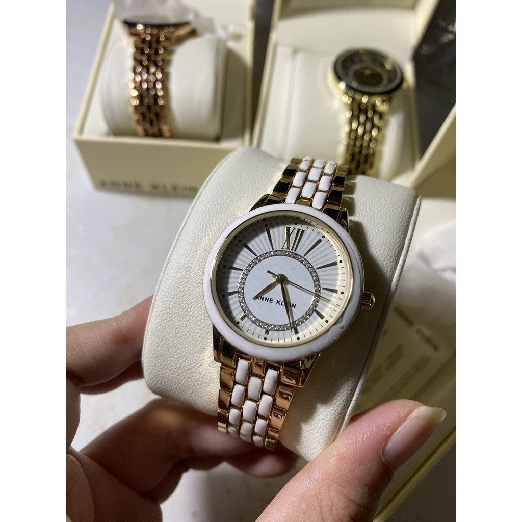 AUTHENTIC AK Klein Women's Glitter Accented Dial Bracelet Watch, AK/3924WTGB - Gold/White