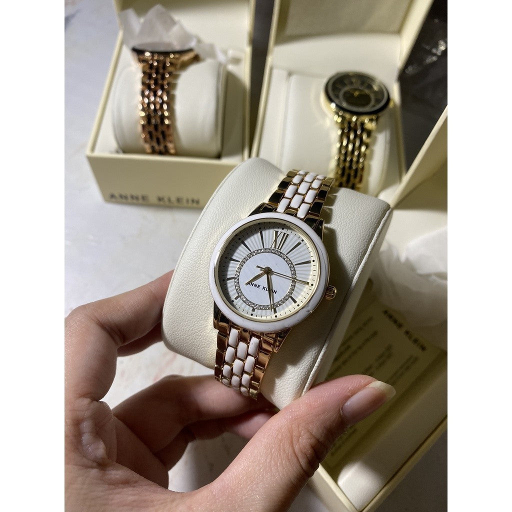 AUTHENTIC AK Klein Women's Glitter Accented Dial Bracelet Watch, AK/3924WTGB - Gold/White