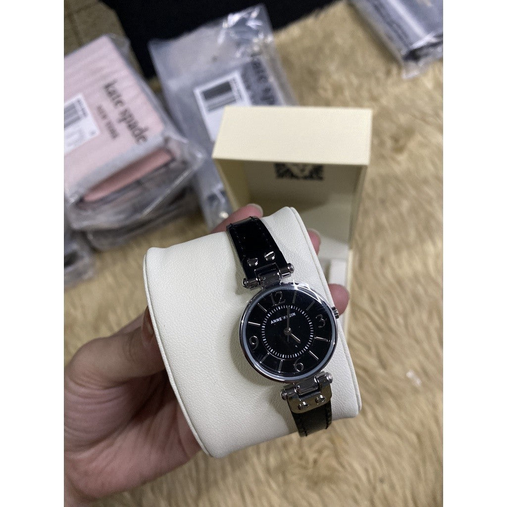 AUTHENTIC AK Klein Women's Silver-Tone Black Dial and Black Leather Strap 10-9443BKBK