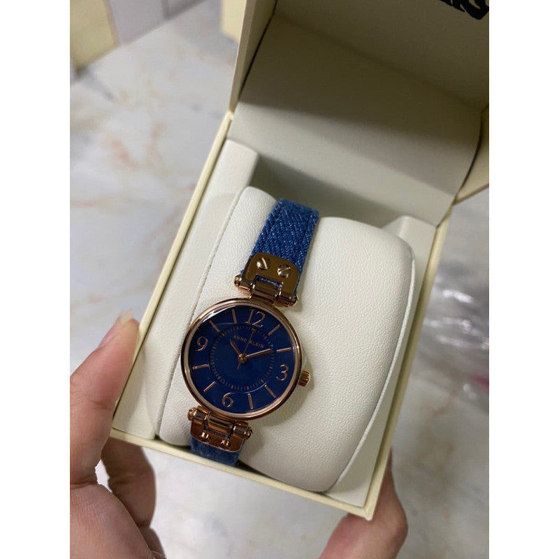 AUTHENTIC/ORIGINAL AK Klein Women's Denim Blue Leather Strap Watch 10/9442RGDM