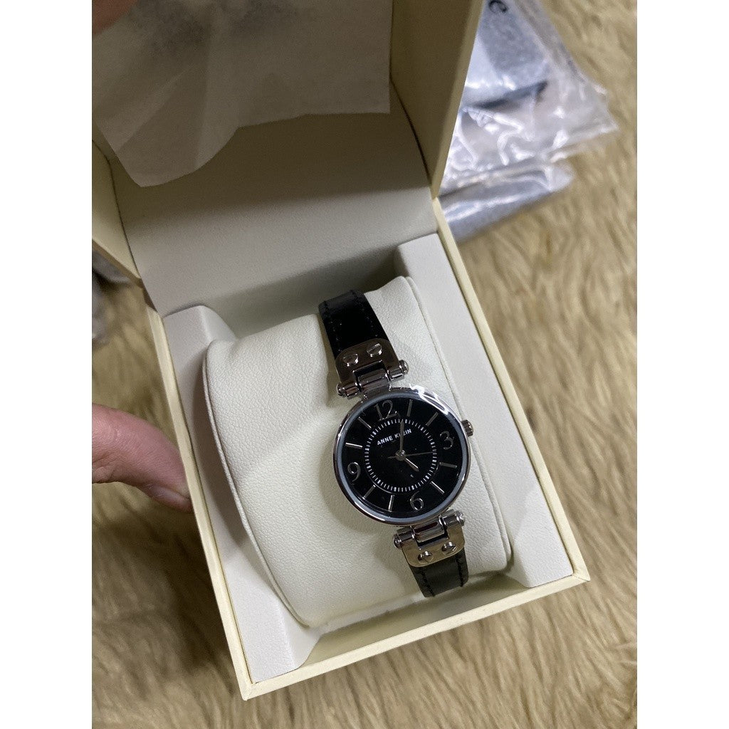 AUTHENTIC AK Klein Women's Silver-Tone Black Dial and Black Leather Strap 10-9443BKBK