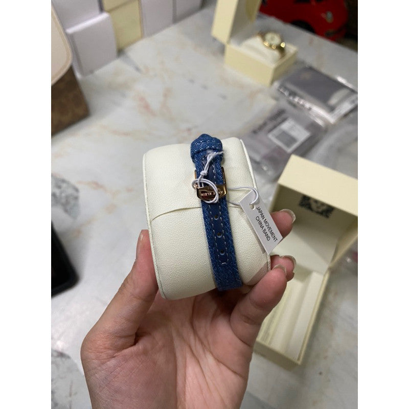 AUTHENTIC/ORIGINAL AK Klein Women's Denim Blue Leather Strap Watch 10/9442RGDM