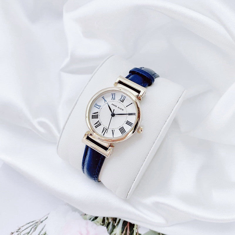 ORIG & IMPORTED AK Klein AK/2246CRNV Gold-Tone and Navy Blue Leather Strap Watch