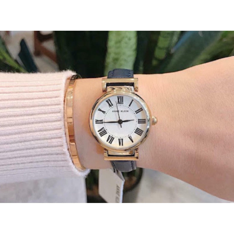 ORIG & IMPORTED AK Klein AK/2246CRNV Gold-Tone and Navy Blue Leather Strap Watch