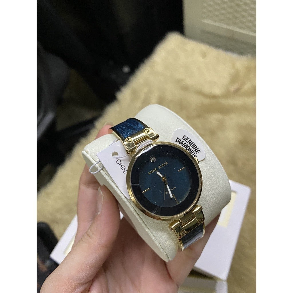 ORIG & IMPORTED AK Klein AK/2512NVGB Diamond-Accented Navy Blue Marbleized Bangle Watch