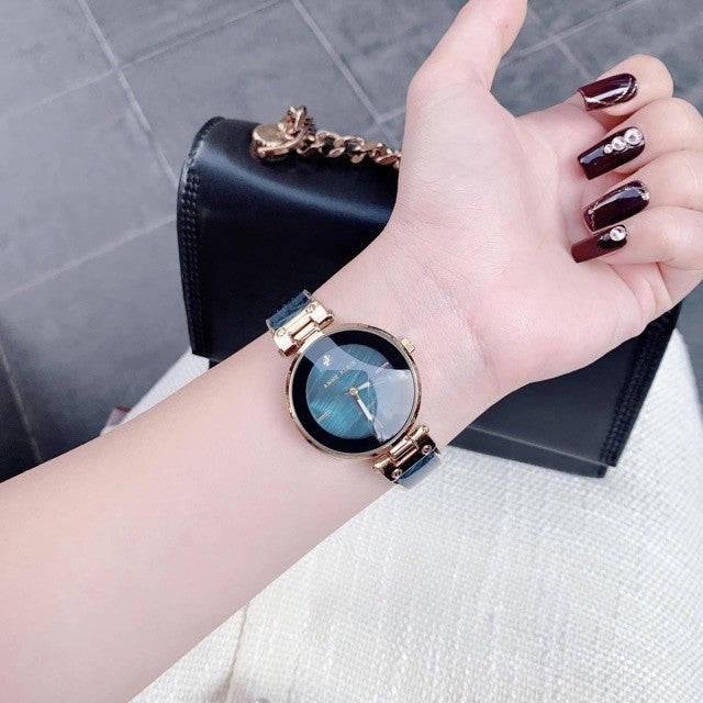 ORIG & IMPORTED AK Klein AK/2512NVGB Diamond-Accented Navy Blue Marbleized Bangle Watch