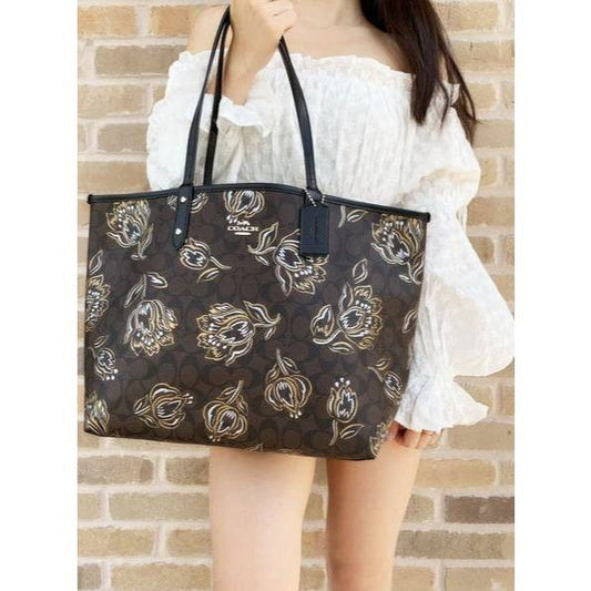 ORIG & IMPORTED CCH Reversible City Large Tote Bag With Tulip Print Black