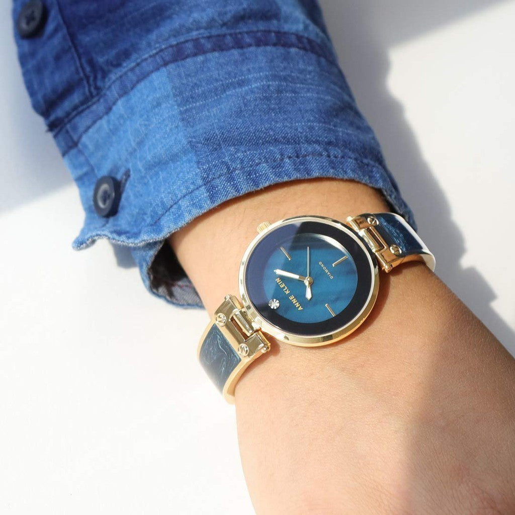 ORIG & IMPORTED AK Klein AK/2512NVGB Diamond-Accented Navy Blue Marbleized Bangle Watch
