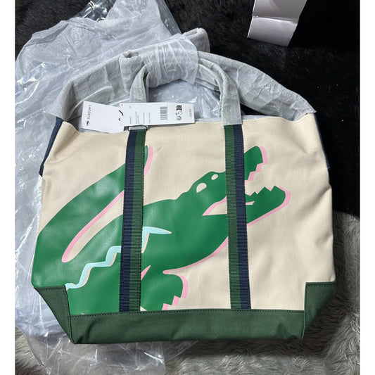 LCT Large Shopper Tote Bag Crocodile Print Green/Beige