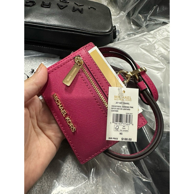 ORIG & IMPORTED MK Jet Set Travel ID Card Case Lanyard Carmine Pink Small Wallet