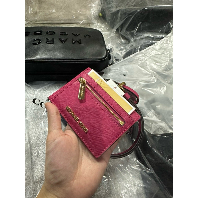 ORIG & IMPORTED MK Jet Set Travel ID Card Case Lanyard Carmine Pink Small Wallet
