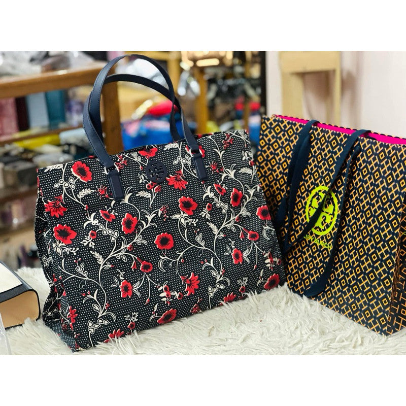 ORIG & IMPORTED TB Nylon Floral Printed Tote Navy Red Shoulder Large Bag