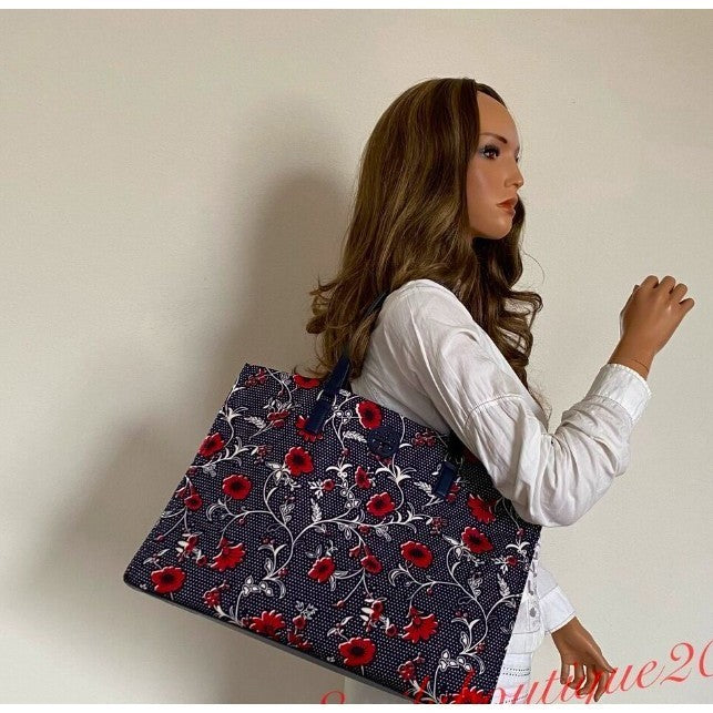 ORIG & IMPORTED TB Nylon Floral Printed Tote Navy Red Shoulder Large Bag