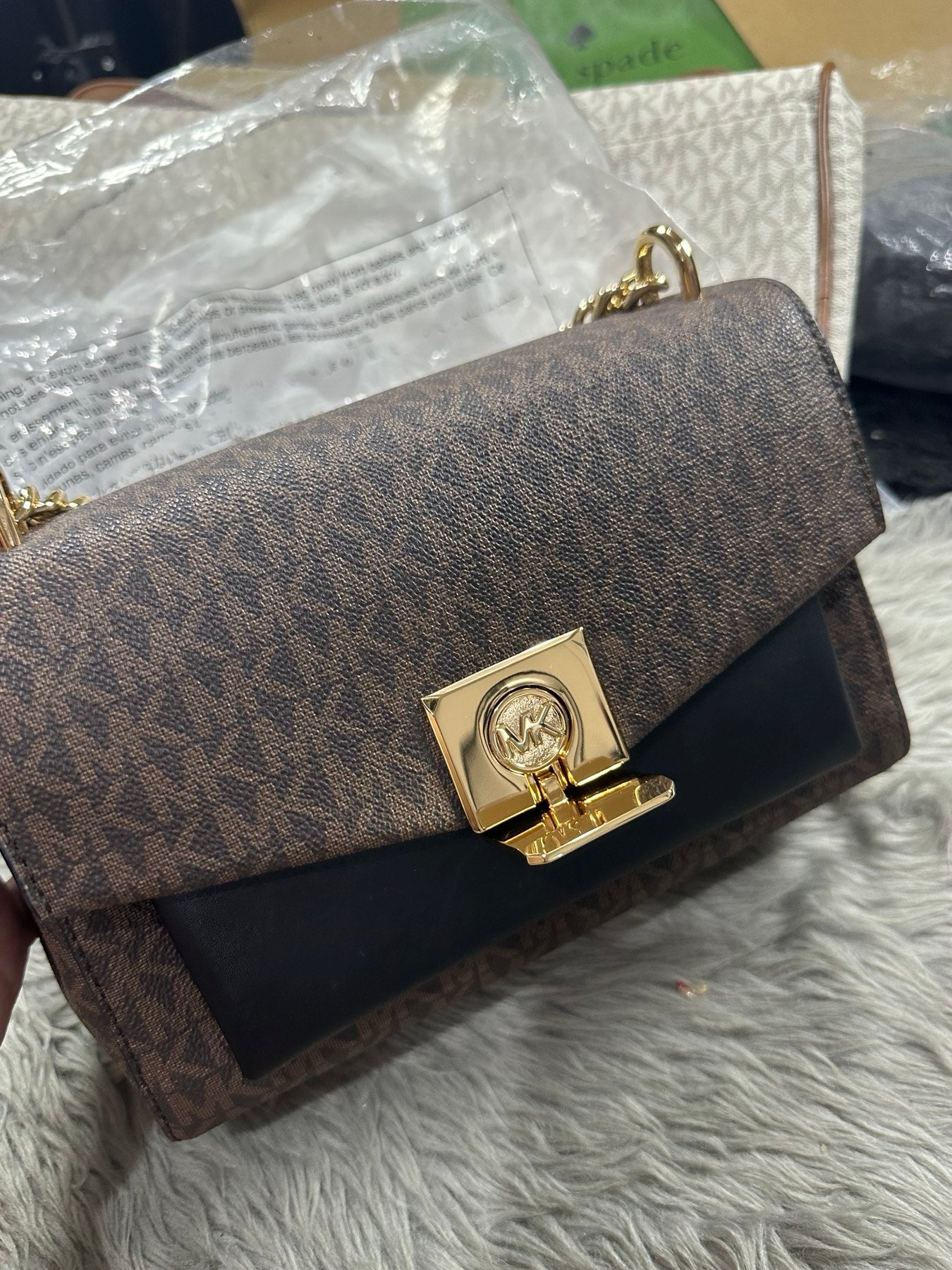 AUTHENTIC/ORIGINAL Preloved MK Lita Medium Two-Tone Logo Crossbody Bag Brown/Black