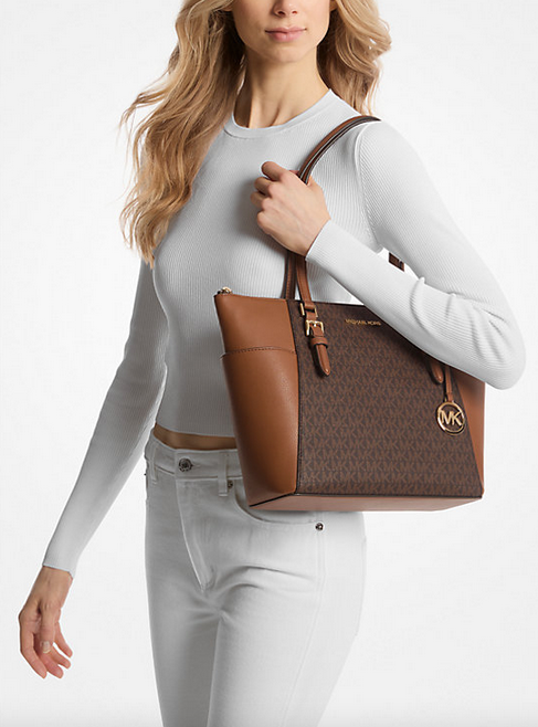 ORIG & IMPORTED MK Charlotte Large Logo and Leather Top-Zip Tote Bag Brown Vanilla White