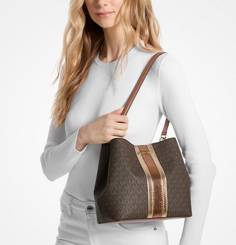 ORIG & IMPORTED MK Pratt Medium Signature Logo and Metallic Shoulder Bag Brown