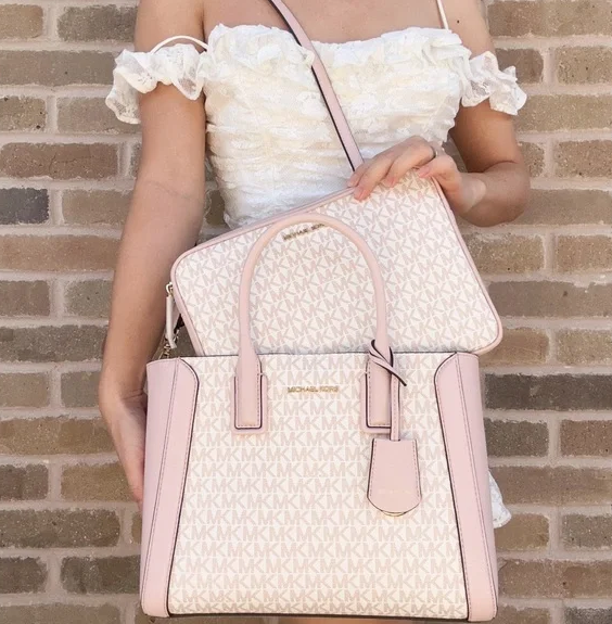 ORIG Preloved MK with Flaw Kali Large Satchel with Ipad Case Tote Shoulder Bag White/Pink