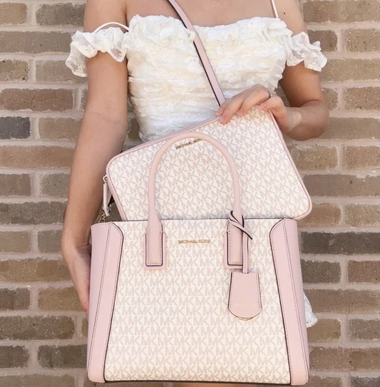 ORIG Preloved MK with Flaw Kali Large Satchel with Ipad Case Tote Shoulder Bag White/Pink
